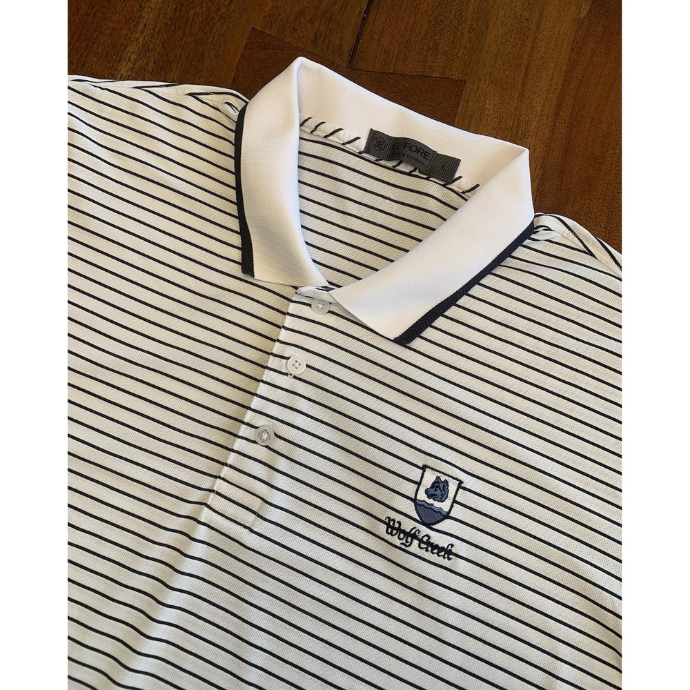 G/Fore G4 Polo Shirt Mens L White Black Stripe Golf Stretch G4MS21K04 Wolf Logo